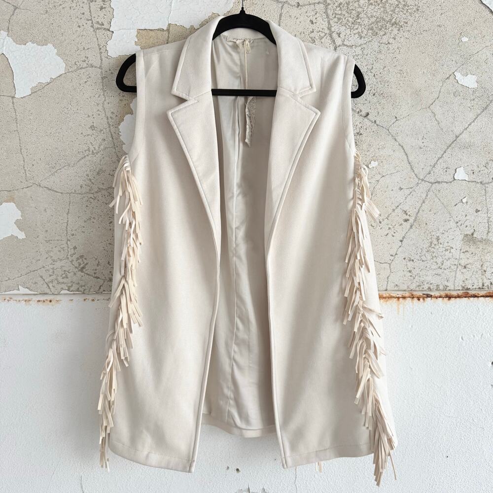 Fringe Vest NWT Faux Suede Longline Cream Western Boho Sleeveless Jacket Women M